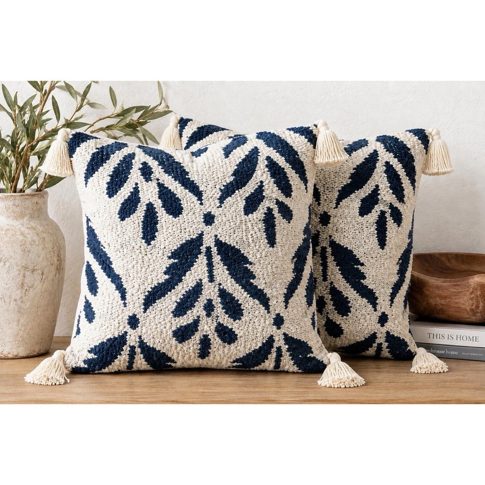 Surya Pillow Covers Set of 2 18x18 Blue Cream Boho Block Print Textured Cotton